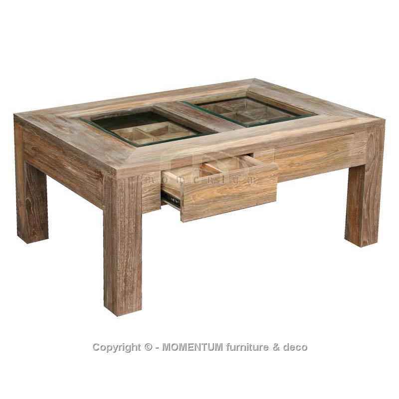 Coffee Table 2 Drawers With Glass Top Color Oldteak Natural