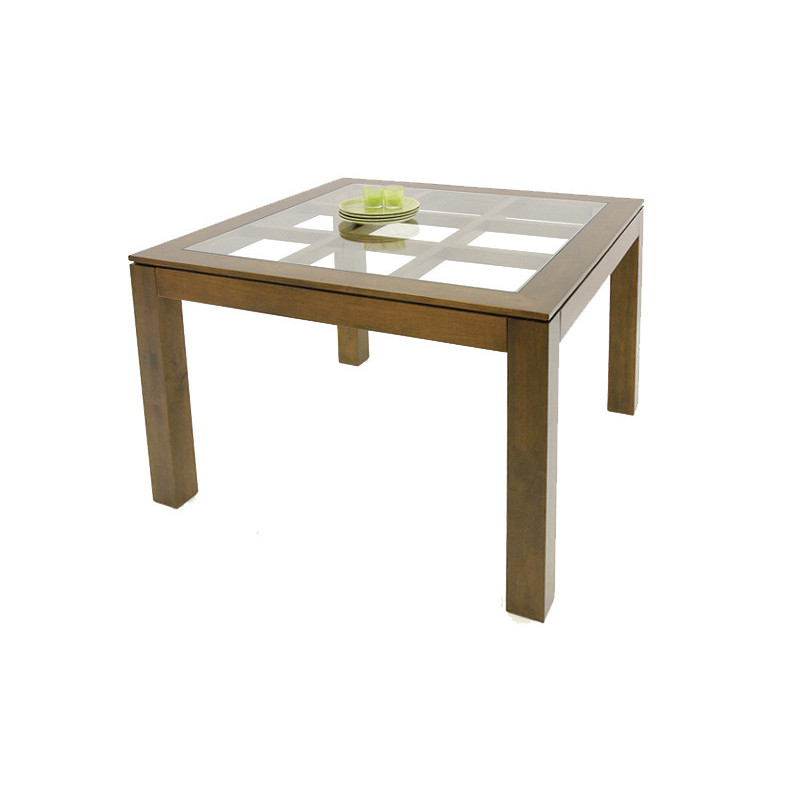 Squared dining table with glass top on an elegant lattice